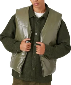 mens-olive-faux-leather-puffer-vest