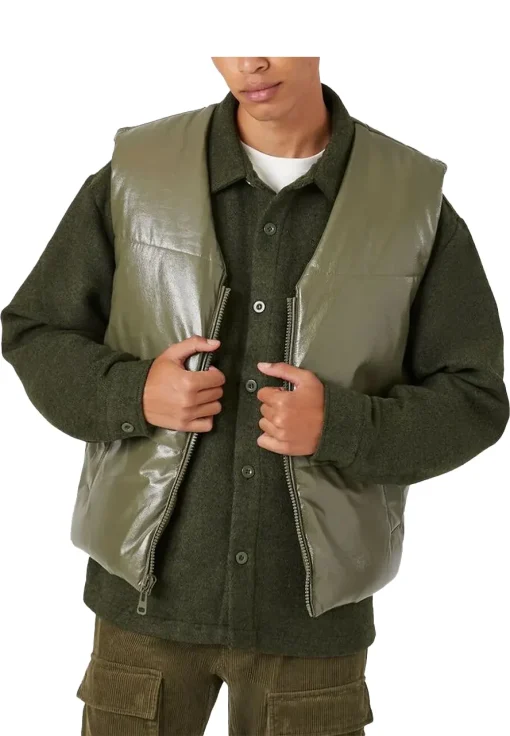 mens-olive-faux-leather-puffer-vest