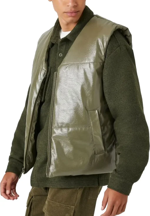 mens-olive-faux-leather-puffer-vest