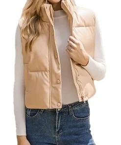 womens-beige-faux-leather-puffer-vest