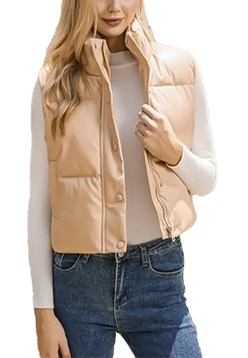womens-beige-faux-leather-puffer-vest