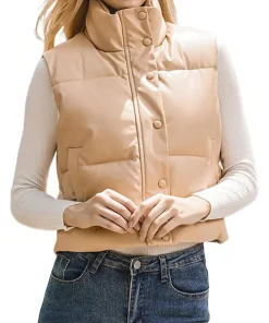 womens-beige-faux-leather-puffer-vest