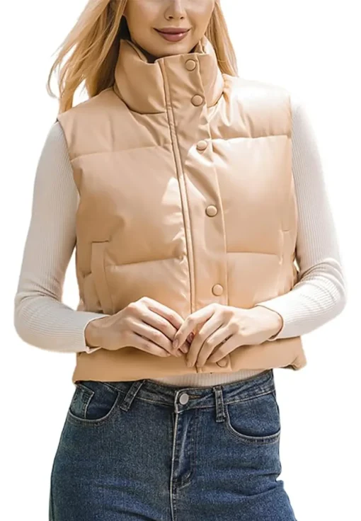 womens-beige-faux-leather-puffer-vest