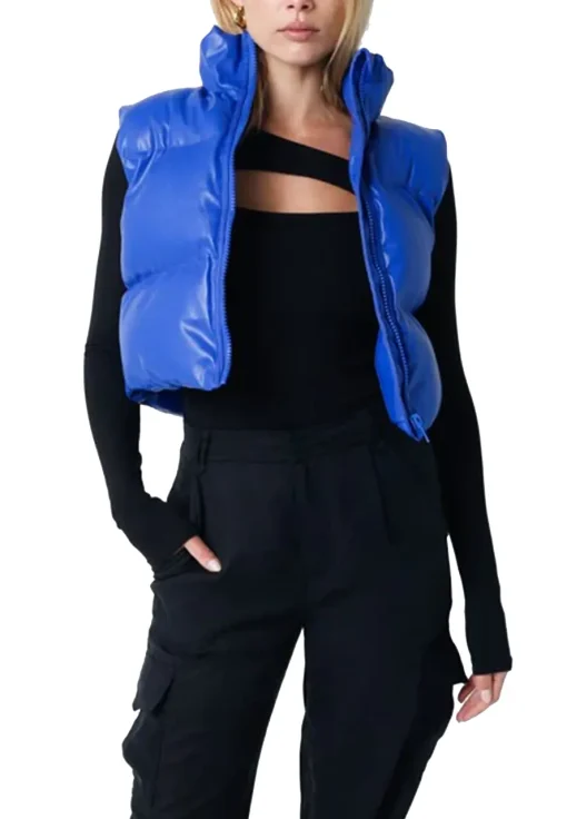 womens-blue-faux-leather-puffer-vest