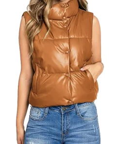 womens-brown-puffer-faux-leather-vest