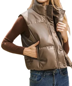 womens-coffee-faux-leather-puffer-vest