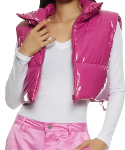 womens-cropped-magenta-faux-leather-puffer-vest