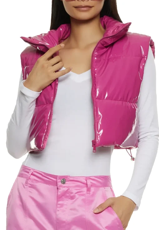 womens-cropped-magenta-faux-leather-puffer-vest