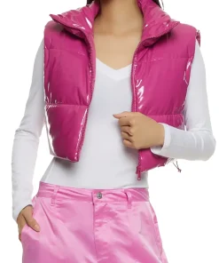 womens-cropped-magenta-faux-leather-puffer-vest