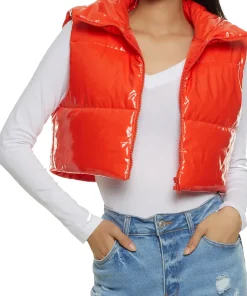 womens-cropped-orange-faux-leather-puffer-vest