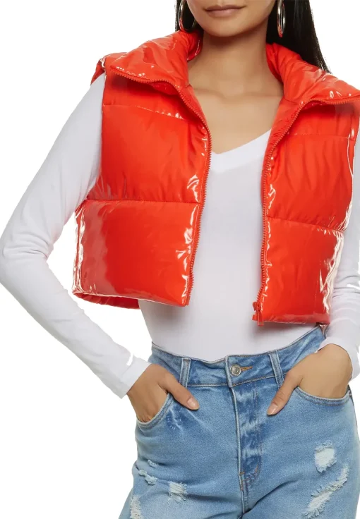 womens-cropped-orange-faux-leather-puffer-vest