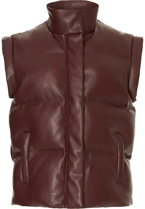 womens-dark-brown-faux-leather-puffer-vest