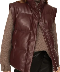 womens-dark-brown-faux-leather-puffer-vest