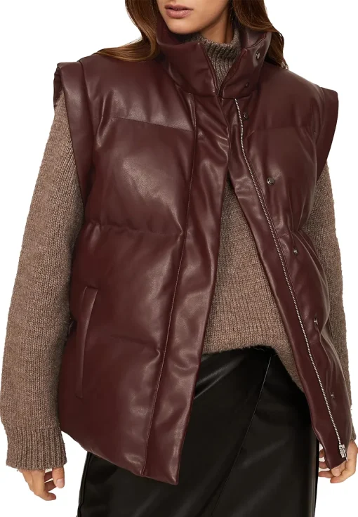 womens-dark-brown-faux-leather-puffer-vest