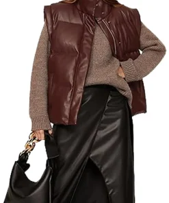 womens-dark-brown-faux-leather-puffer-vest