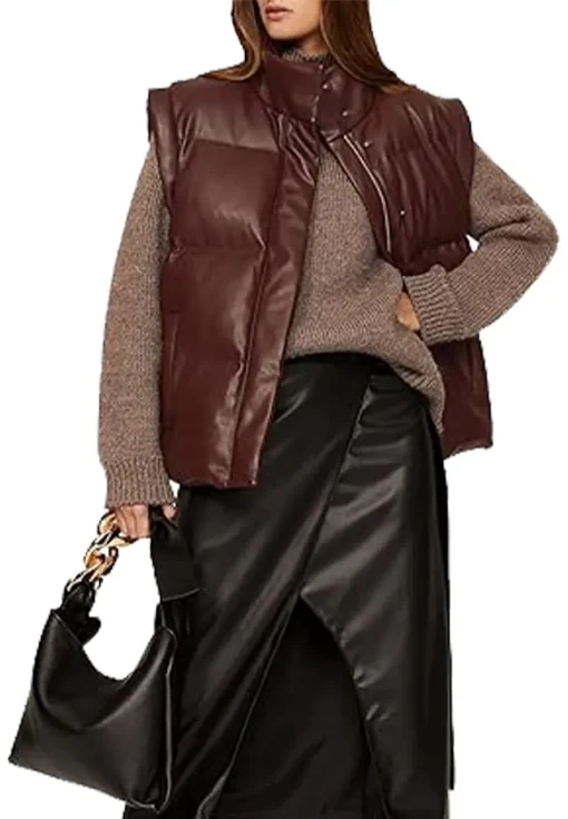 womens-dark-brown-faux-leather-puffer-vest