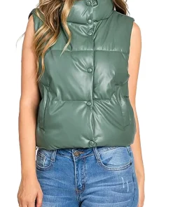 womens-green-puffer-faux-leather-vest