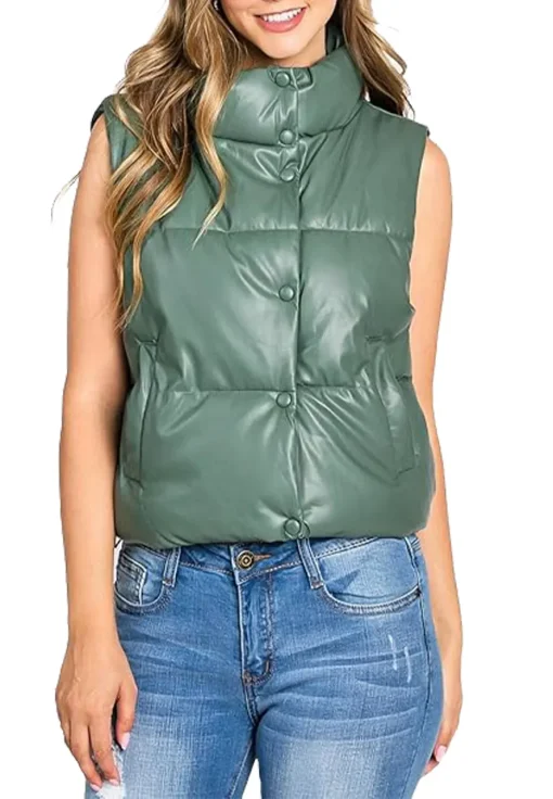 womens-green-puffer-faux-leather-vest