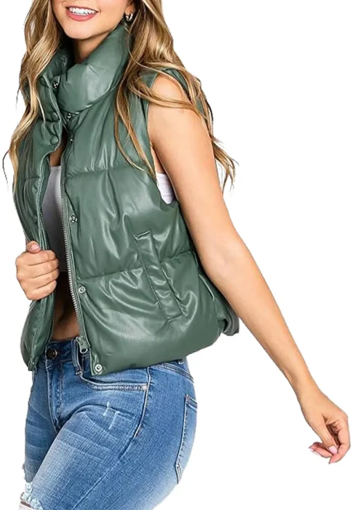 womens-green-puffer-faux-leather-vest