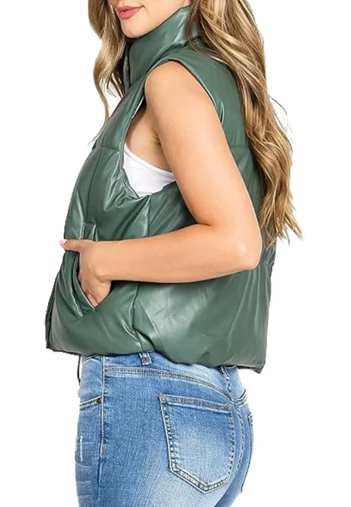 womens-green-puffer-faux-leather-vest