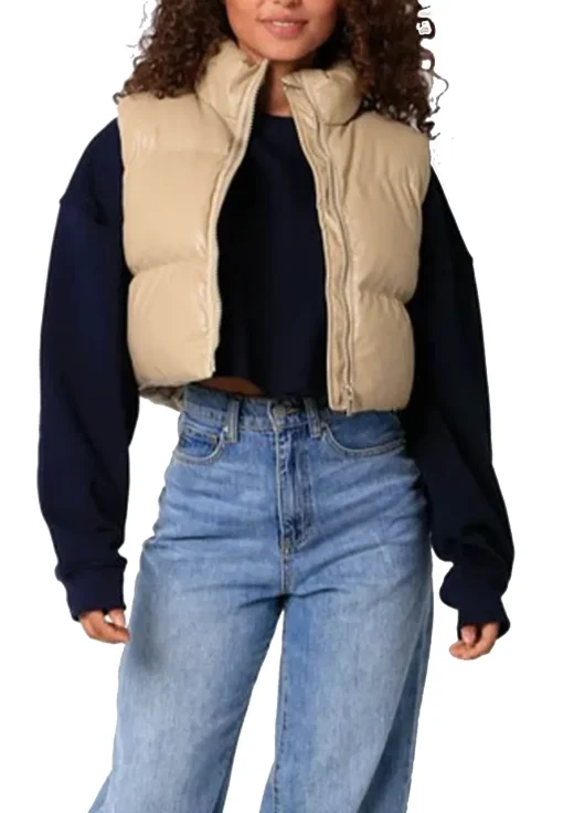 womens-khaki-faux-leather-puffer-vest