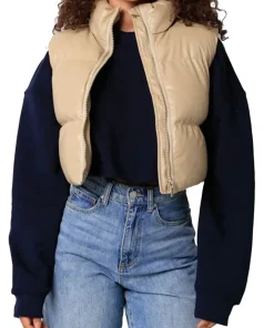 womens-khaki-faux-leather-puffer-vest
