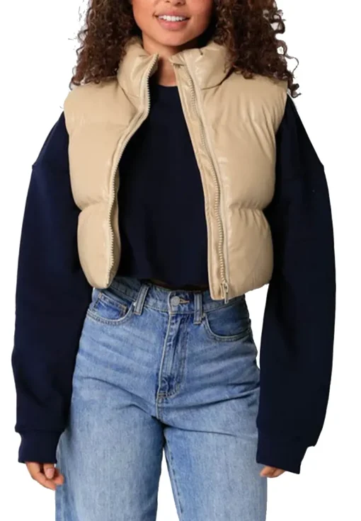 womens-khaki-faux-leather-puffer-vest