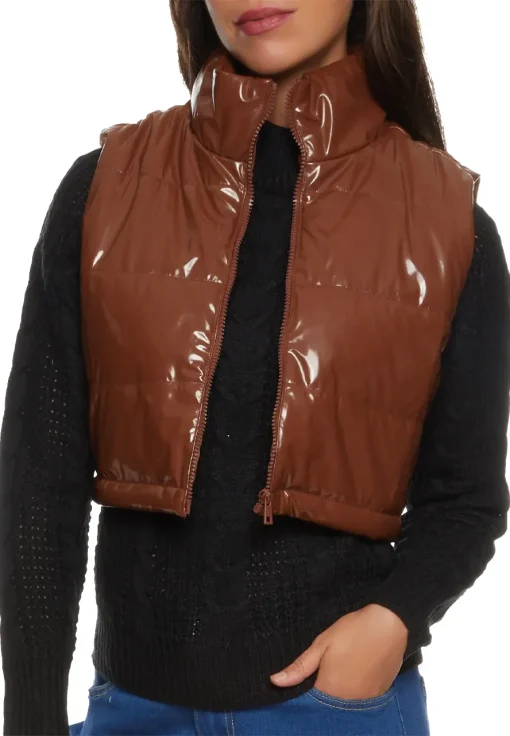womens-patent-brown-faux-leather-puffer-vest