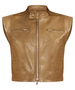 womens-petite-khaki-faux-leather-vest