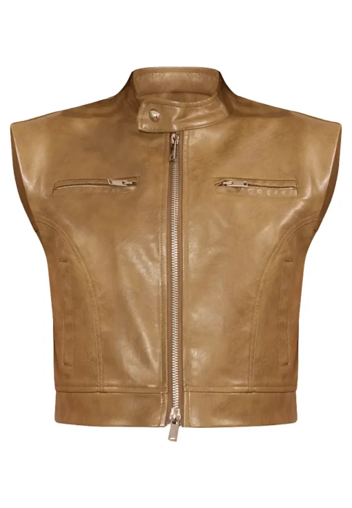womens-petite-khaki-faux-leather-vest