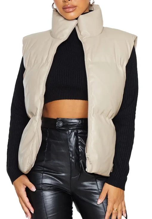 womens-petite-stone-faux-leather-puffer-vest