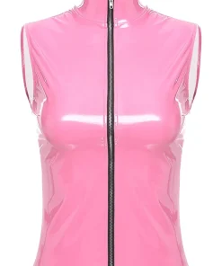 womens-shiny-pink-faux-leather-vest