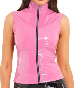 womens-shiny-pink-faux-leather-vest