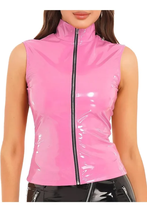 womens-shiny-pink-faux-leather-vest
