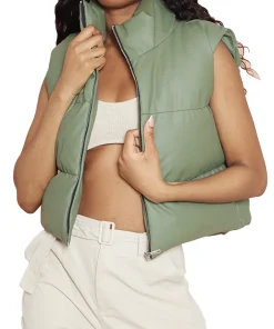 womens-tall-green-faux-leather-puffer-vest