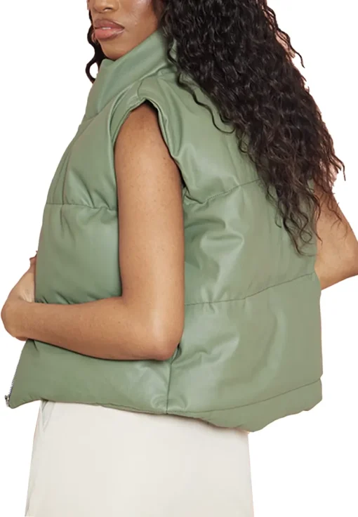 womens-tall-green-faux-leather-puffer-vest