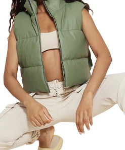 womens-tall-green-faux-leather-puffer-vest