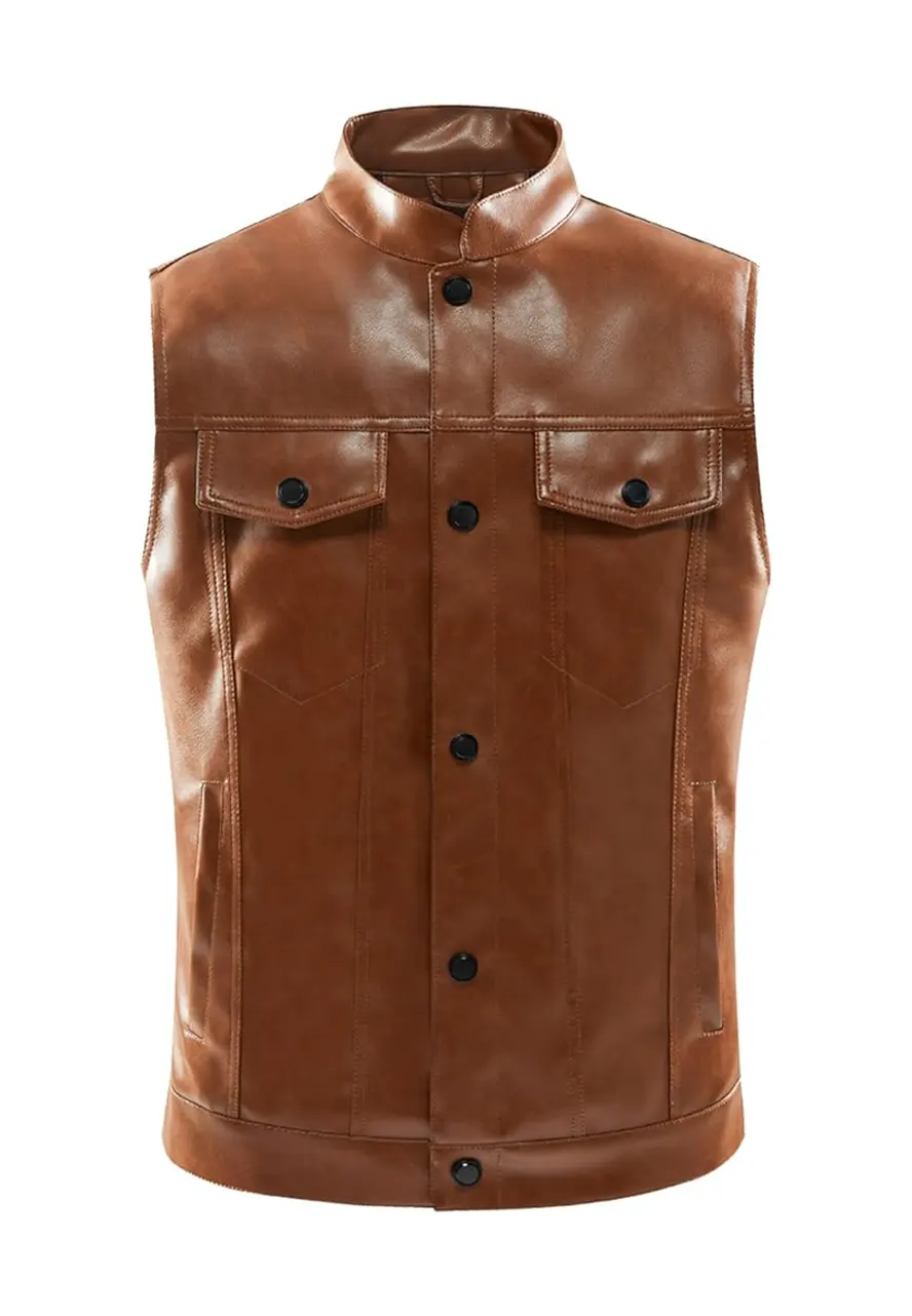Mens Biker Brown Faux Leather Vest 1 brown-faux-leather-vest