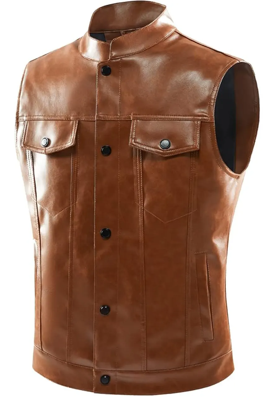 Mens Biker Brown Faux Leather Vest 4 men-brown-vest