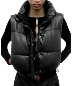 womens-black-faux-leather-padded-down-vest