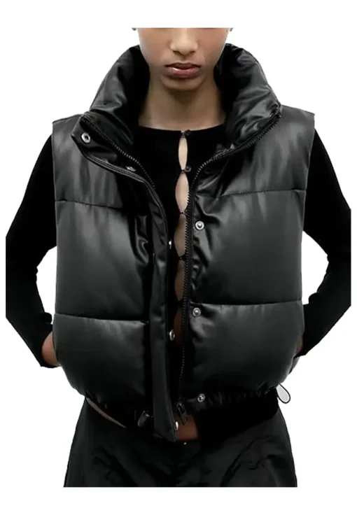womens-black-faux-leather-padded-down-vest