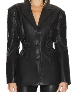 womens-black-faux-leather-smocked-waist-blazer