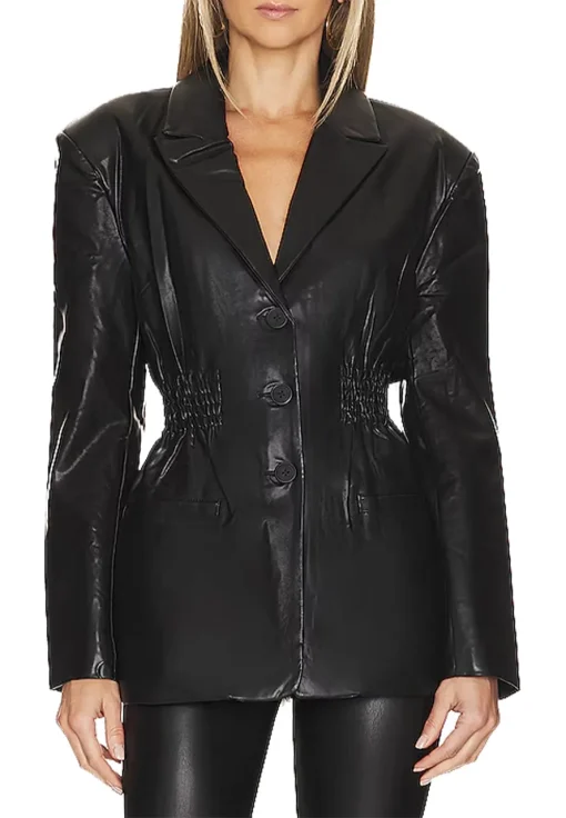 womens-black-faux-leather-smocked-waist-blazer