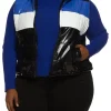 womens-hooded-black-and-blue-faux-leather-puffer-vest