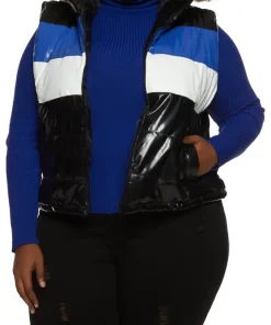 womens-hooded-black-and-blue-faux-leather-puffer-vest
