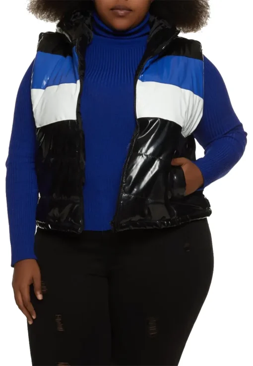 womens-hooded-black-and-blue-faux-leather-puffer-vest