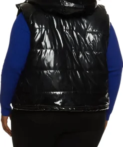 womens-hooded-black-and-blue-faux-leather-puffer-vest