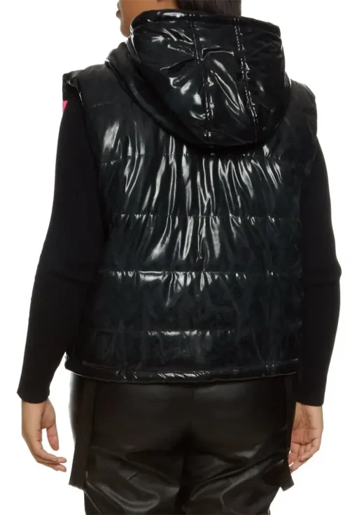 womens-hooded-black-and-pink-faux-leather-puffer-vest