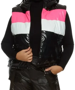 womens-hooded-black-and-pink-faux-leather-puffer-vest