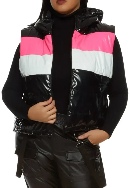 womens-hooded-black-and-pink-faux-leather-puffer-vest